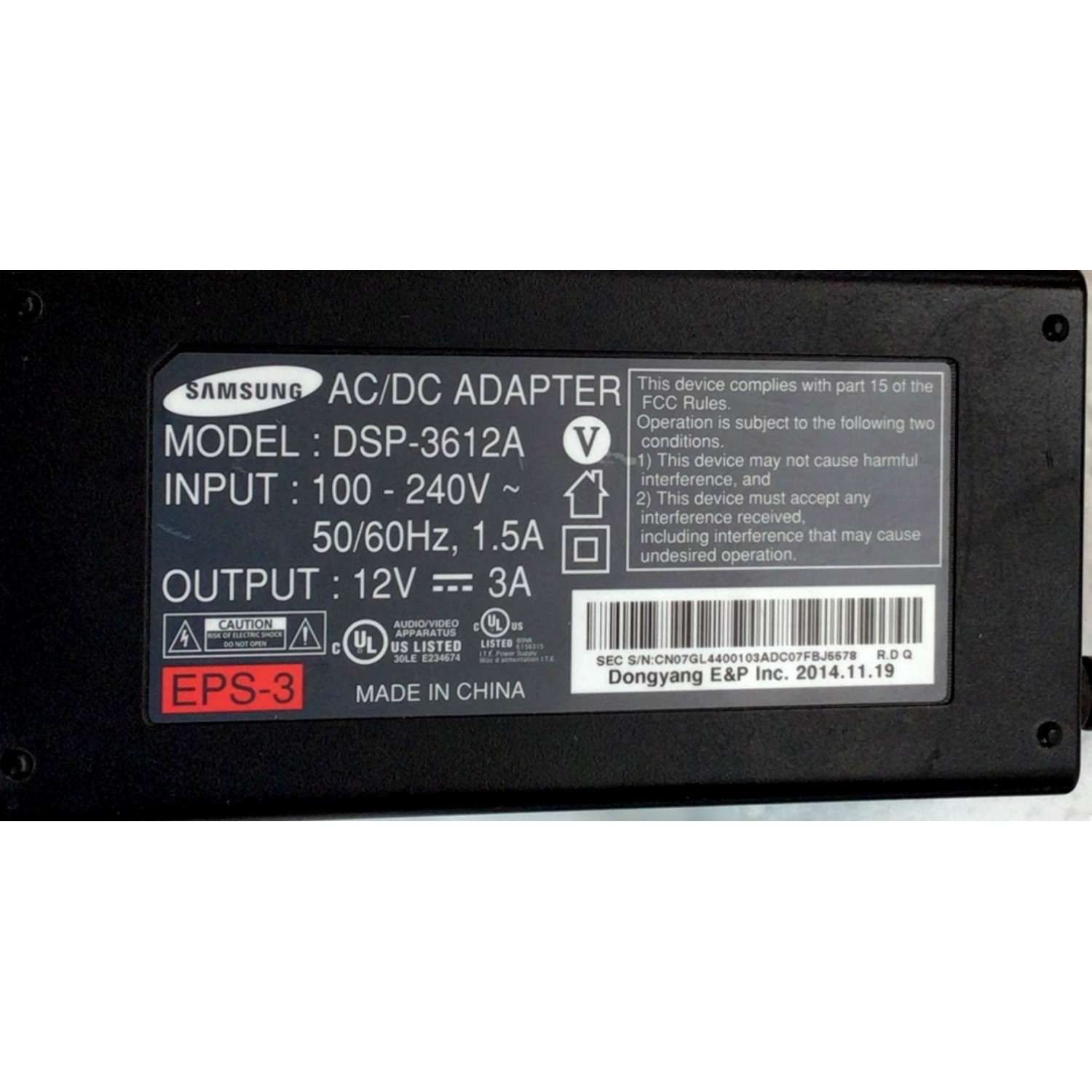 CARGADOR / ADAPTADOR DE FUENTE DE ALIMENTACION SAMSUNG AC/DC / NUMERO DE PARTE DSP-3612A / ENTRADA VCA 100-240V~ 50/60HZ, 1.5A / SALIDA VCD 12V 3A  / EPS-3 / MODELO DSP-3612A - Imagen 4